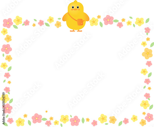 Chicks with kindergarten bags and colorful flower frames. Memo bulletin board illustration set. confetti, firecracker, diary, frame, memo. Vector drawing. Hand drawn style.