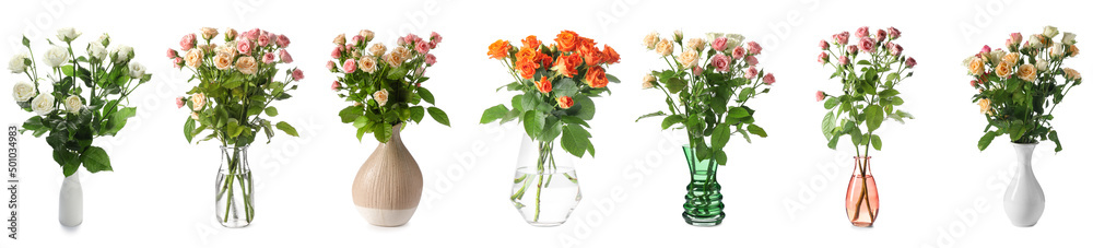 Obraz premium Vases with bouquets of beautiful roses isolated on white