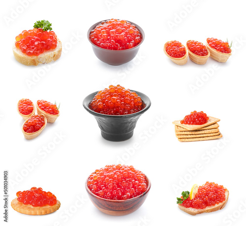 Set of delicious red caviar on white background