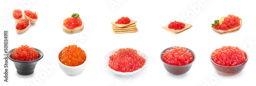 Set of delicious red caviar on white background