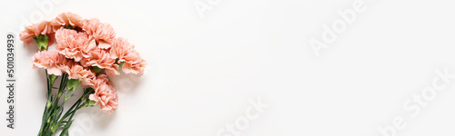Quadro su tela Bouquet of beautiful carnation flowers on white background with space for text