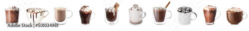 Set of tasty hot chocolate with marshmallows and whipped cream on white background