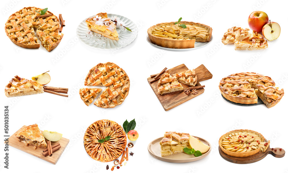 Set of tasty apple pies isolated on white Set of tasty apple pies isolated on white