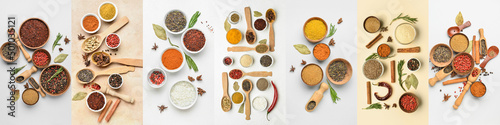 Assortment of aromatic spices on light background, top view