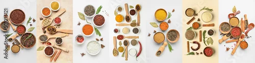 Obraz  z motywem Assortment of aromatic spices on light background, top view