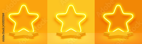 Set of stage podium decoration with star shape neon lighting. Pedestal scene with for product display on yellow and orange background. Vector illustration.