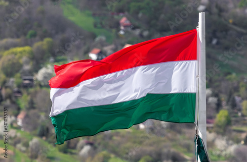Fotobehang a close-up of the Hungarian flag fluttering in the wind