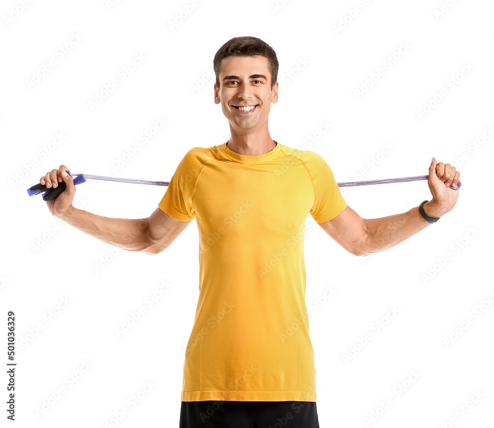 Sporty young man with jumping rope on white background Sporty young man with jumping rope on white background