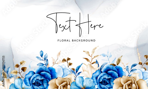 Watercolor floral background template with blue and brown flower and leaves