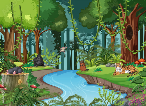 Wild animals cartoon characters in the forest scene