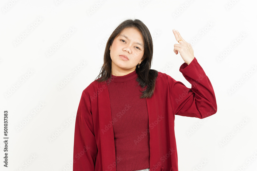 Makes Suicide Gesture Of Beautiful Asian Woman Isolated On White Background Makes Suicide Gesture Of Beautiful Asian Woman Isolated On White Background