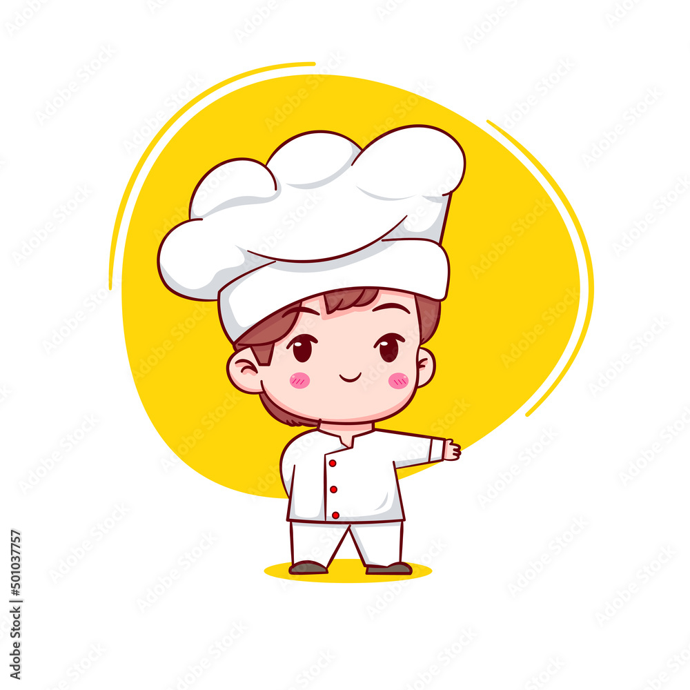 Cute cartoon character of chef. Hand drawn chibi character isolated background.