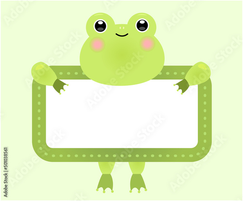A name tag with a cute frog picture illustration set. Kindergarten, daycare, frog icon, memo, letter. Vector drawing. Hand drawn style.