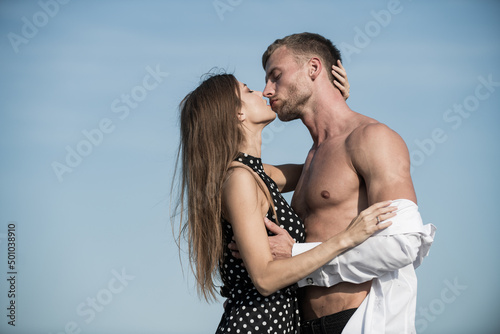 Couple kissing outdoor. Romantic and love concepr. Lovely happy couple kiss and hugs. sensual kiss. photo