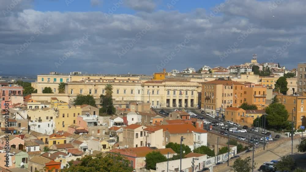 A general view over the city of Cagliari from the old town, Mid shot. Evening A general view over the city of Cagliari from the old town, Mid shot. Evening