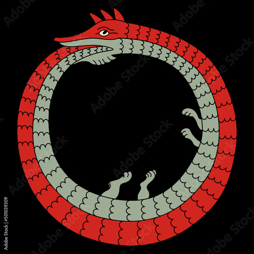 Ouroboros. Mythological snake eating its own tail. Medieval coiled serpent or dragon. Round animal frame. Illuminated manuscript style. Isolated vector illustration. On black background. photo