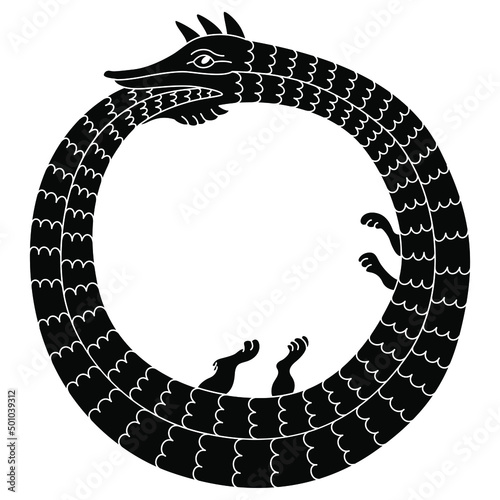 Ouroboros. Mythological snake eating its own tail. Medieval coiled serpent or dragon. Round animal frame. Illuminated manuscript style. Black and white negative silhouette.