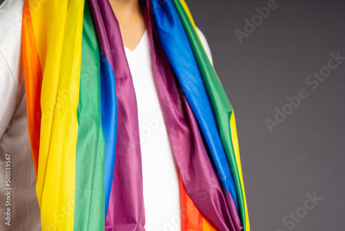 People covering with the rainbow flag or LGBT flag while standing on a gray background © meeboonstudio