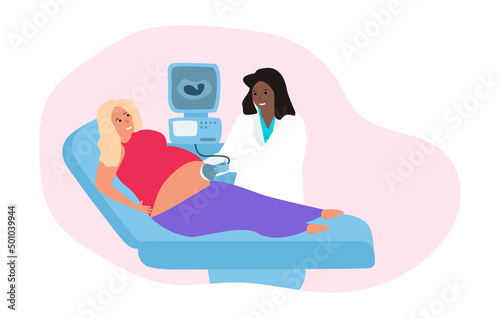 african american doctor  ultrasound pregnant woman belly  in hospital vector illustration