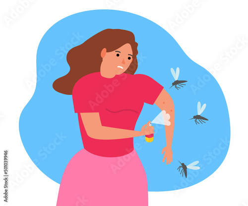 woman using mosquito repellent spraying on skin protection vector illustration