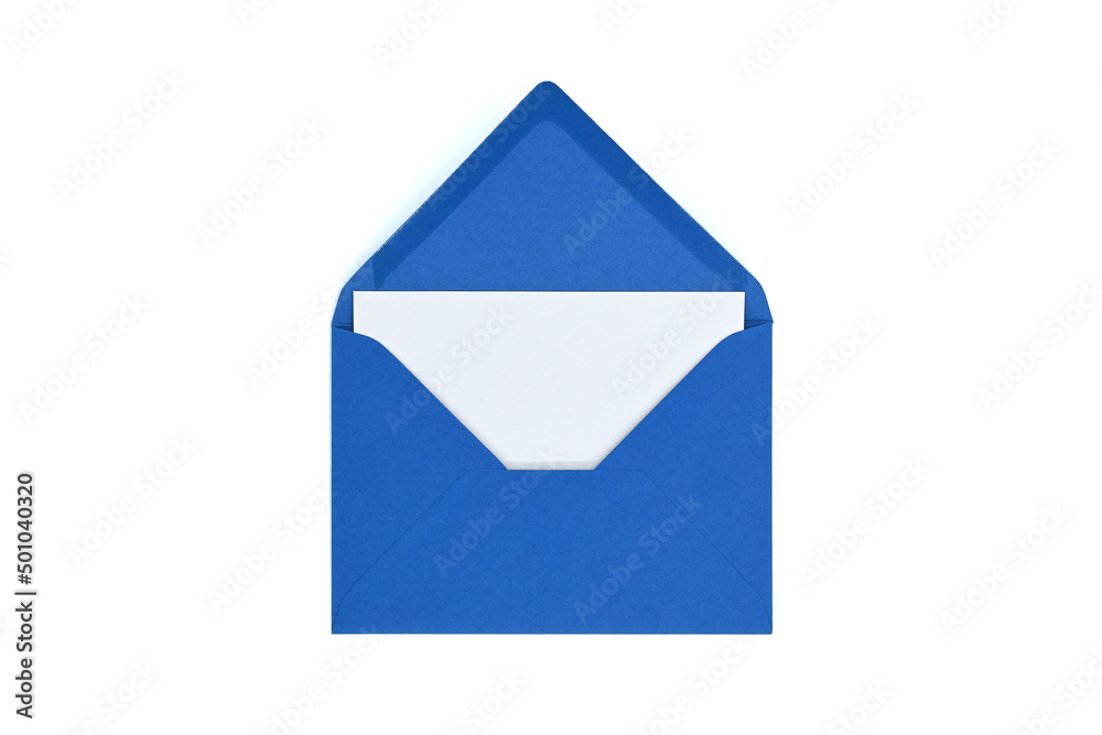 Blue paper envelope with blank white card Blue paper envelope with blank white card