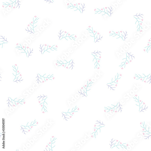 Floral pattern on white. Endless floral background. Design art from simple small berries on a branch for design and printing on fabric. Repeating floral motif for textile. Vector illustration