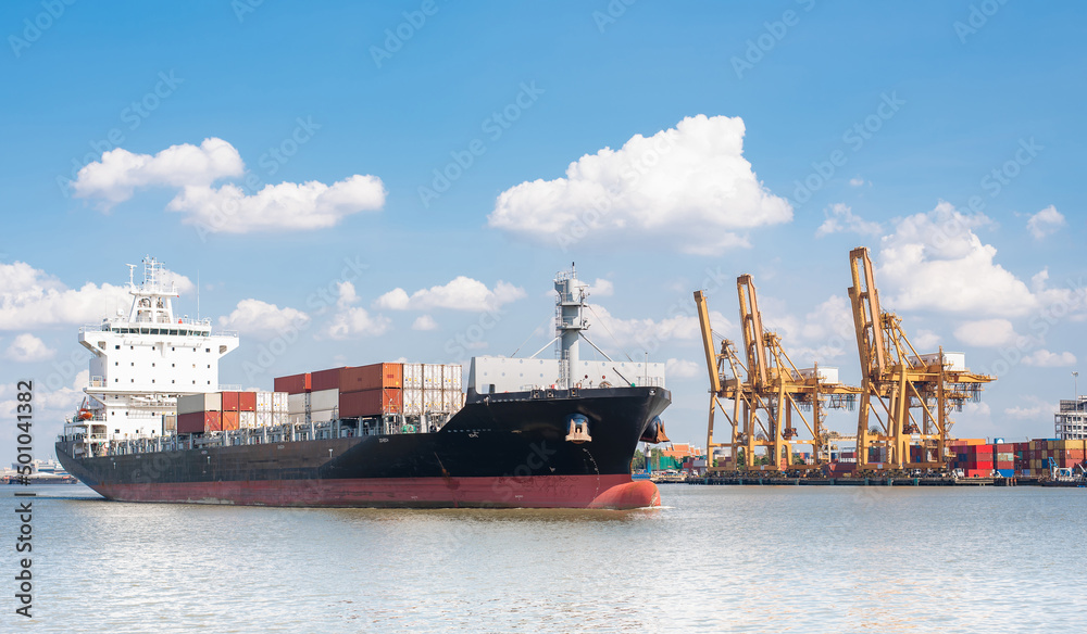 container cargo ship, import export commerce business trade logistic and transportation of International by container cargo ship boat in the open sea, Freight shipping maritime.