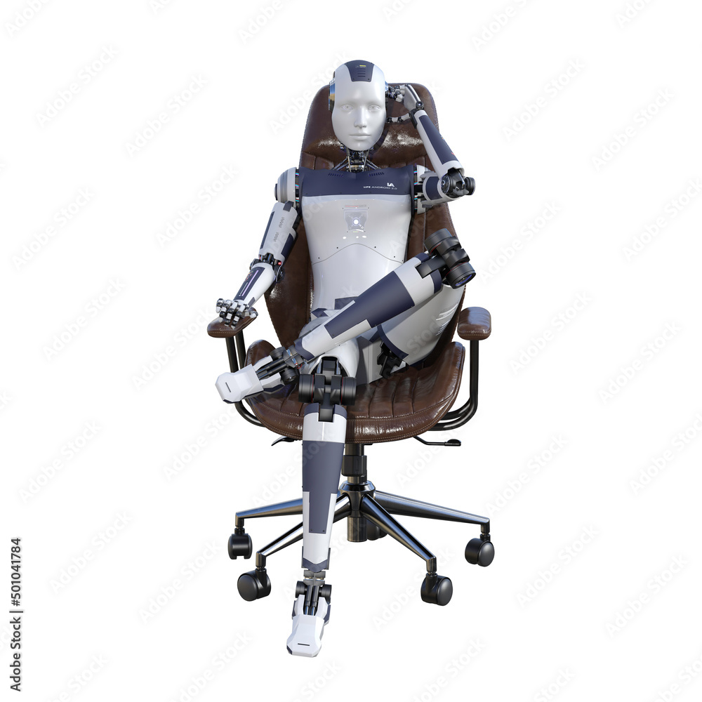 Robot woman sitting on an office chair, isolated on white background. Artificial intelligence concept, future of new office technology. 3d rendering-illustration.