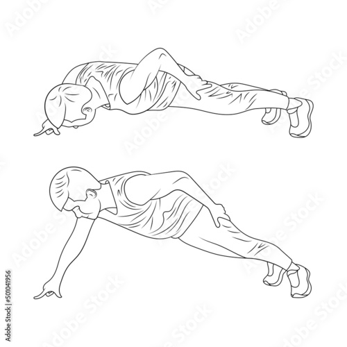 Man doing two finger push up exercise. Two stages of push ups sketch illustration.