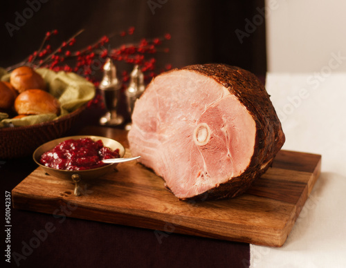 Roast Ham with cranberry sauce and bread photo