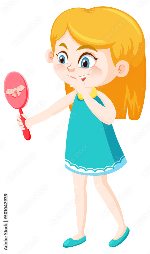 A girl holding hand mirror on white background A girl holding hand mirror on white background