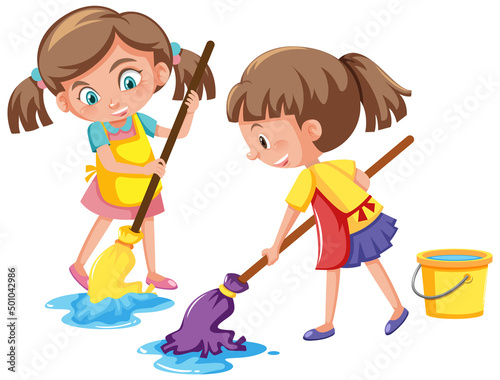 Girl mopping the floor on white background