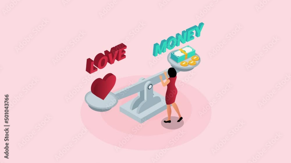 Woman choosing between love and money on scales Woman choosing between love and money on scales