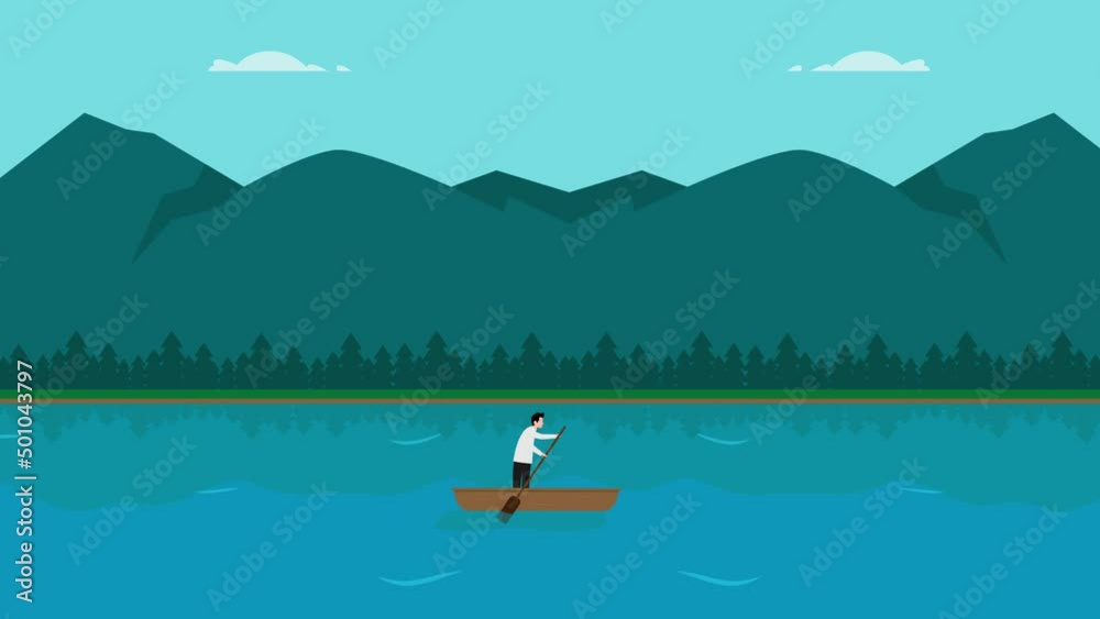 Young man rowing boat in the river