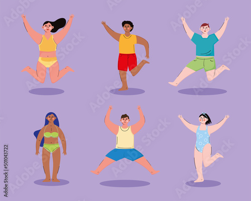 six persons wearing swimsuit