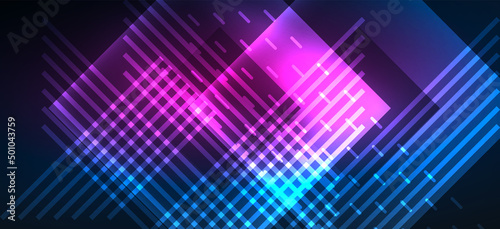 Background neon glowing lines and geometric shapes. Lights in the dark wallpaper for concept of AI technology, blockchain, digital, communication, 5G, science