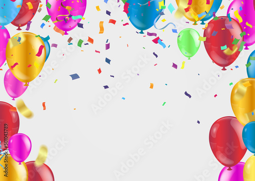 Holiday background with balloons, flags, streamer. Place for text. Vector festive illustration.
