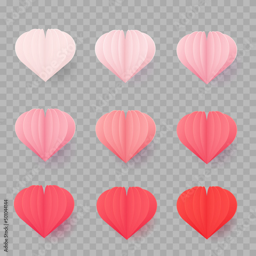 Set of paper hearts on transparent background. Vector