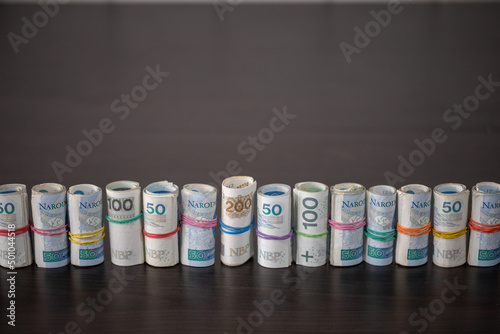 Banknotes rolled and tied together with a rubber band placed on a table.