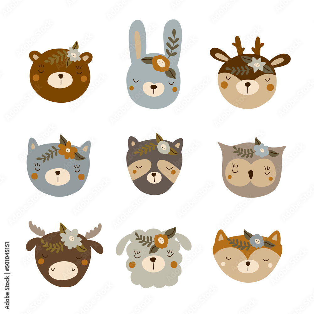 set of Scandinavian animal faces in boho style with flowers and twigs. vector illustration isolated on white background set of Scandinavian animal faces in boho style with flowers and twigs. vector illustration isolated on white background