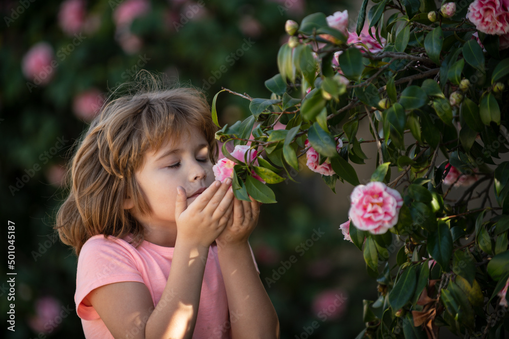 Portrait of a sweet little child enjoying flowers aroma, having fun in spring park. Little kid on meadow with wild flower. Happy child outdoors in spring field. Portrait of a sweet little child enjoying flowers aroma, having fun in spring park. Little kid on meadow with wild flower. Happy child outdoors in spring field.