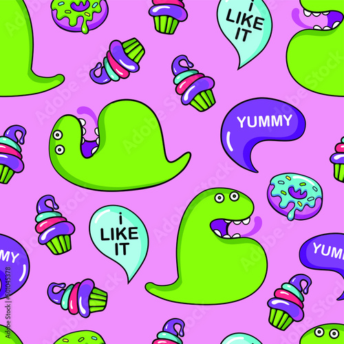childish seamless pattern with funny dinosaurs