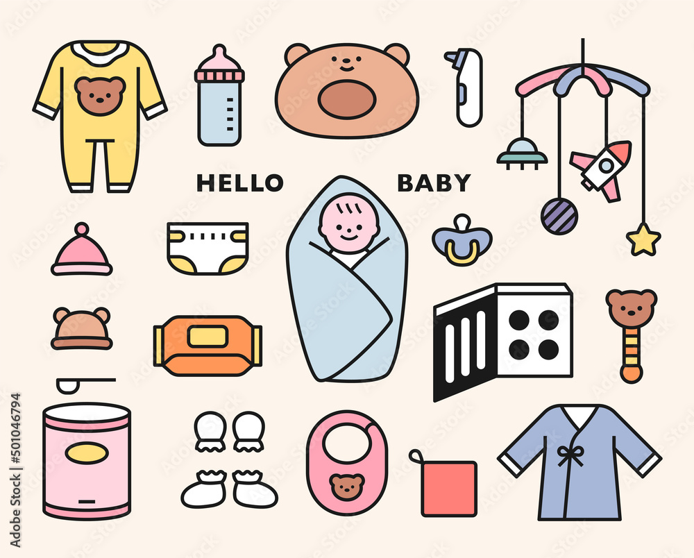 Collection of cute baby and baby items icons. flat design style vector