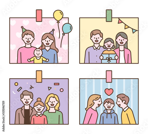 Happy family photos celebrating a child's birthday. Characters with cute faces with outlines. flat design style vector illustration.
