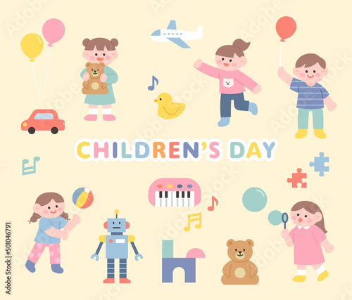 Children s Day Children are having fun with toys. flat design style vector illustration.