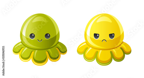 Octopus plush toy. Stuffed mood octopus, child isolated soft toy set. Cute color antistress logo. Two different sides - happy green and sad yellow. Sea trendy logo. Popular Girl anti stress toys.