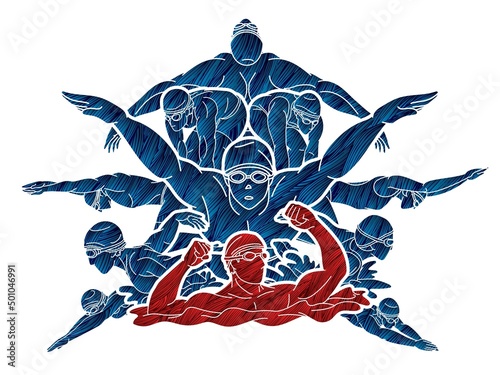 Group of People Swimming Swimmer Action Cartoon Sport Graphic Vector