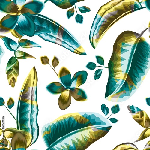 nature seamless pattern with heliconia flowers plants and foliage on white background. colorful Hand drawn summer floral background. Simple nature illustration. Jungle leaves. Botanical pattern.