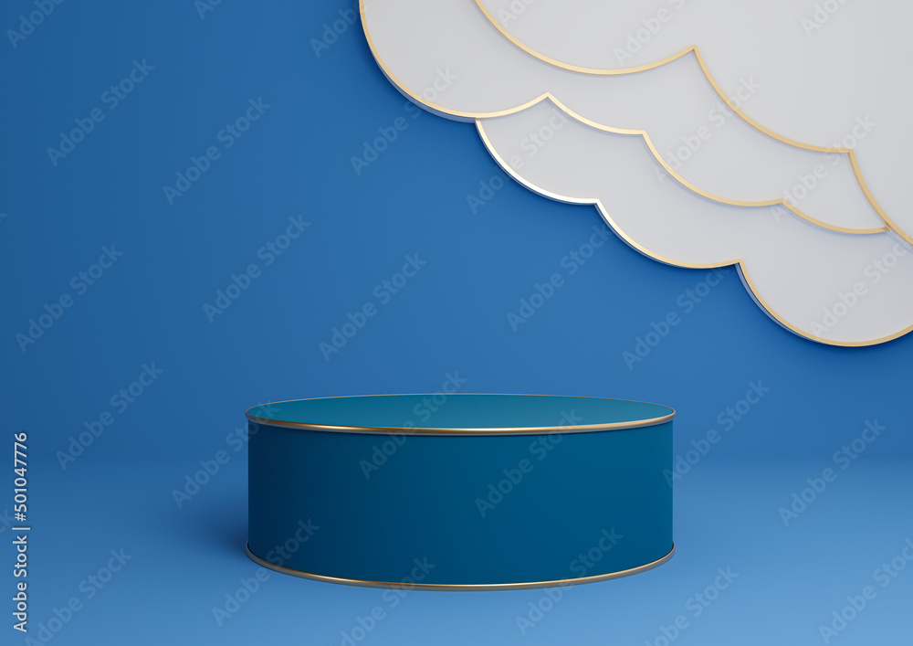 Bright, dark, pastel blue 3D rendering product display podium or stand ...