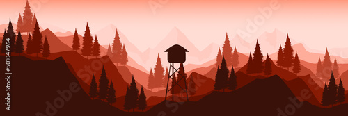 mountain panorama with watch tower and pine tree silhouette flat design vector banner template good for web banner, ads banner, tourism banner, wallpaper, background template, and game art